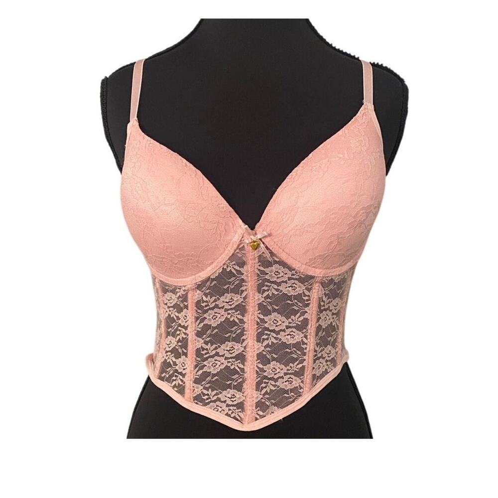 Rampage Lace Longline Bra 34C Pink Bustier Corset Mesh Boning Lingerie Coquette